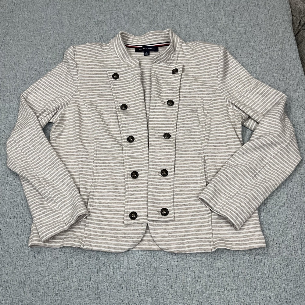 Tommy Hilfiger Womens XL Button Up‎ Jacket Gray Striped Casual w Pockets